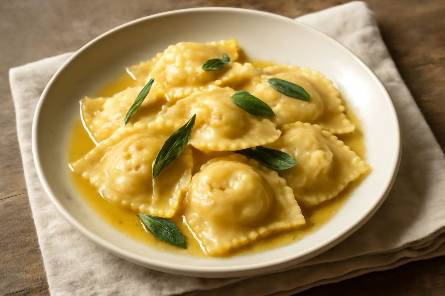 Ravioli quadrati di pasta fresca dorata ripieni, serviti in un piatto bianco con burro fuso, salvia verde e polvere di parmigiano grattugiato