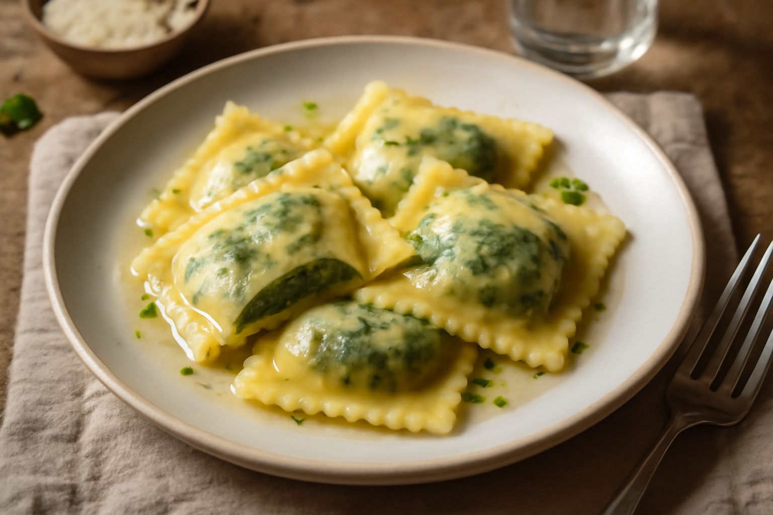 Ravioli quadrati di ricotta e spinaci, leggermente dorati, disposti in fila su un piatto bianco con un filo di burro fuso e parmigiano grattugiato, sfondo bianco neutro