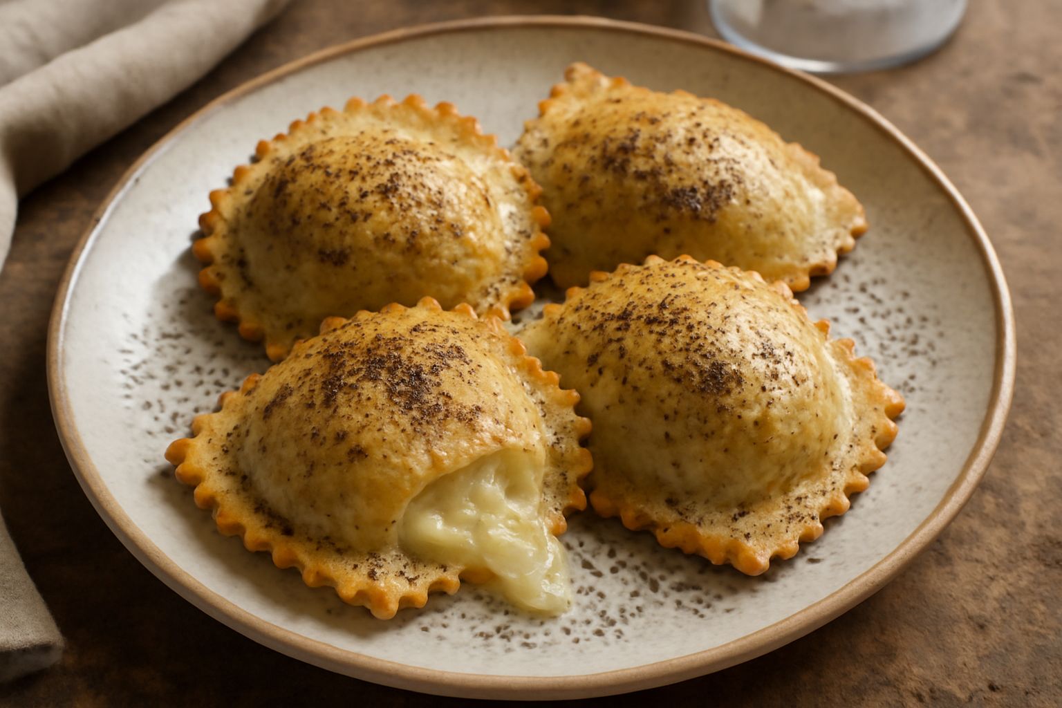 Ravioli quadrati di pasta fresca gialla con bordi ondulati su piatto bianco, ricoperti di burro e pepe nero macinato, filettatura di scamorza visibile dal taglio laterale, contorno di prezzemolo fresc