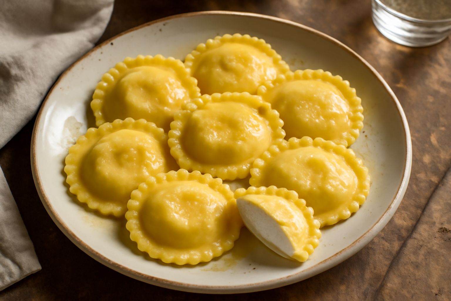 Ravioli tondi e paffuti ripieni di ricotta, poggiati in un piatto bianco con un filo di burro fuso e una manciata di salvia fresca accanto, pasta al dente e cremosa al centro.