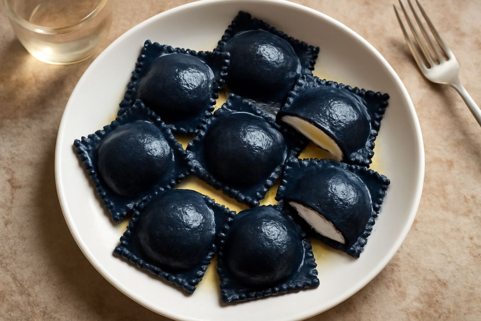 Ravioli di seppia neri disposti nel piatto bianco, ricoperti di burro fuso e prezzemolo tritato, con il ripieno visibile dal taglio di un raviolo, sfondo bigio neutro