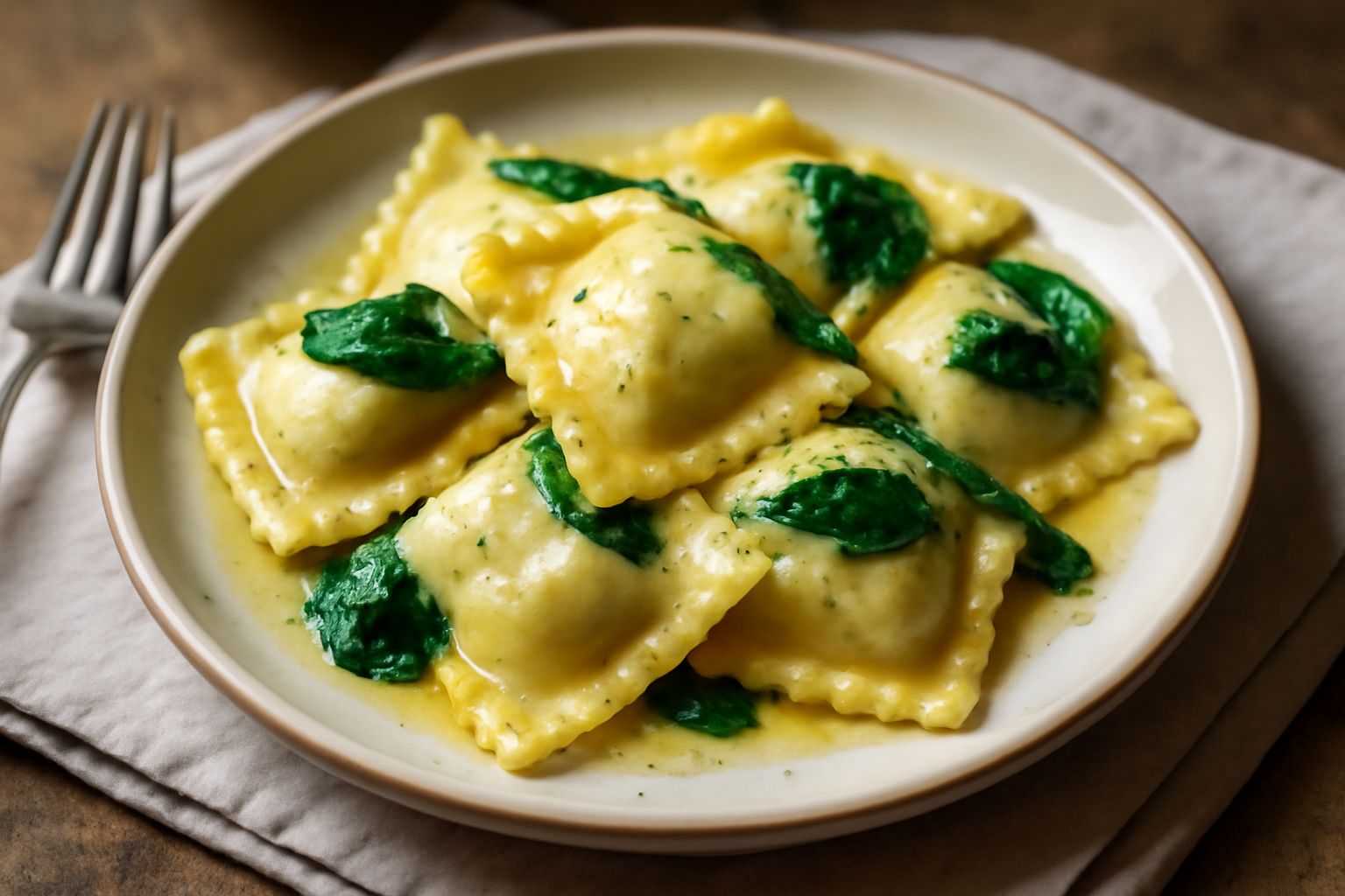 Ravioli di spinaci quadrati appena cotti in un piatto bianco con burro fuso e foglie di salvia, ricoperti leggermente di parmigiano grattugiato, vapore visibile sopra la pasta