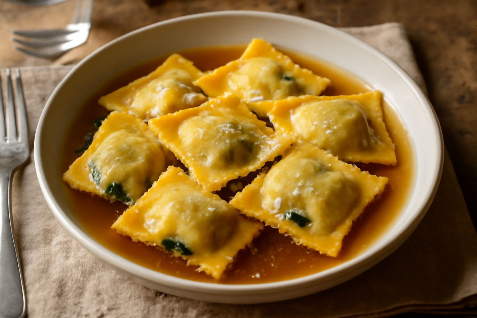 Ravioli quadrati color oro con bordi ondulati pieni di ripieno verde, adagiati in una ciotola di brodo trasparente, guarniti da basilico fresco e grana padano grattugiato
