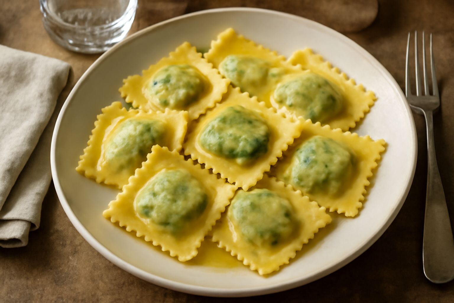 Ravioli quadrati di pasta all'uovo gialla disposti in fila su un piatto bianco, con burro fuso e salvia verde, contorno di formaggio grattugiato
