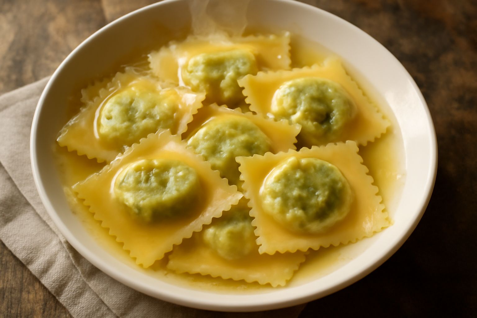 Ravioli di verza appena cotti in un piatto bianco fondo con brodo caldo, coperti da una leggera spruzzata di parmigiano grattugiato e un filo di burro fuso, verza verde che esce leggermente dai bordi