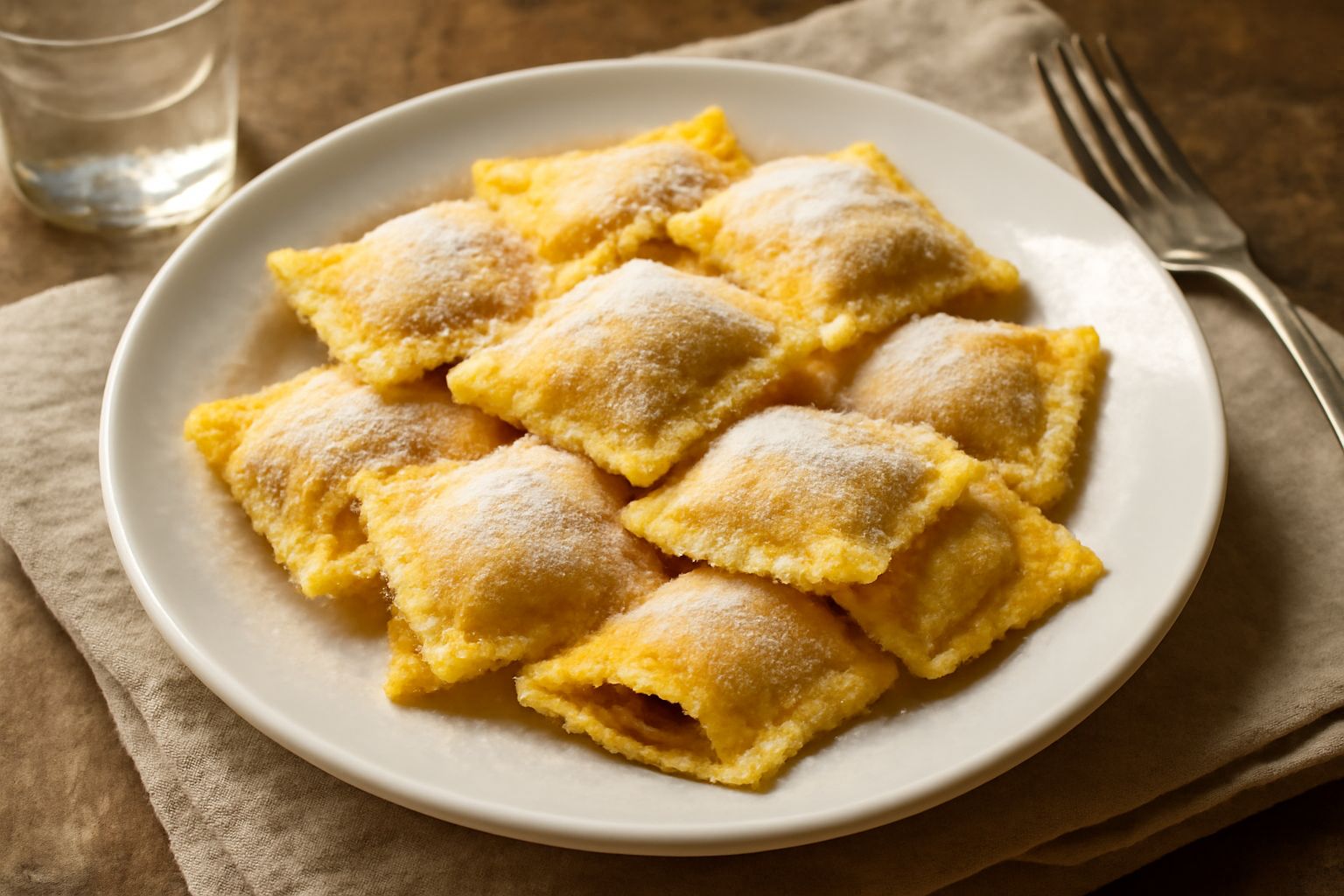 Ravioli dolci di pasta fresca gialli su piatto bianco, ricoperti di zucchero a velo, alcuni spezzati per mostrare il ripieno di ricotta bianca con uvetta visibile, contorno di cucchiaio di legno su ta