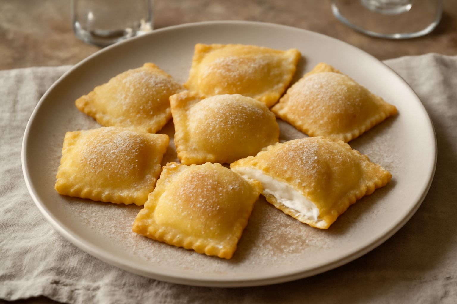 Ravioli dolci di ricotta disposti su un piatto bianco, ripieni di crema bianca visibile dal bordo, cosparsi di zucchero granulato e cannella, accompagnati da una piccola ciotola di miele sul lato