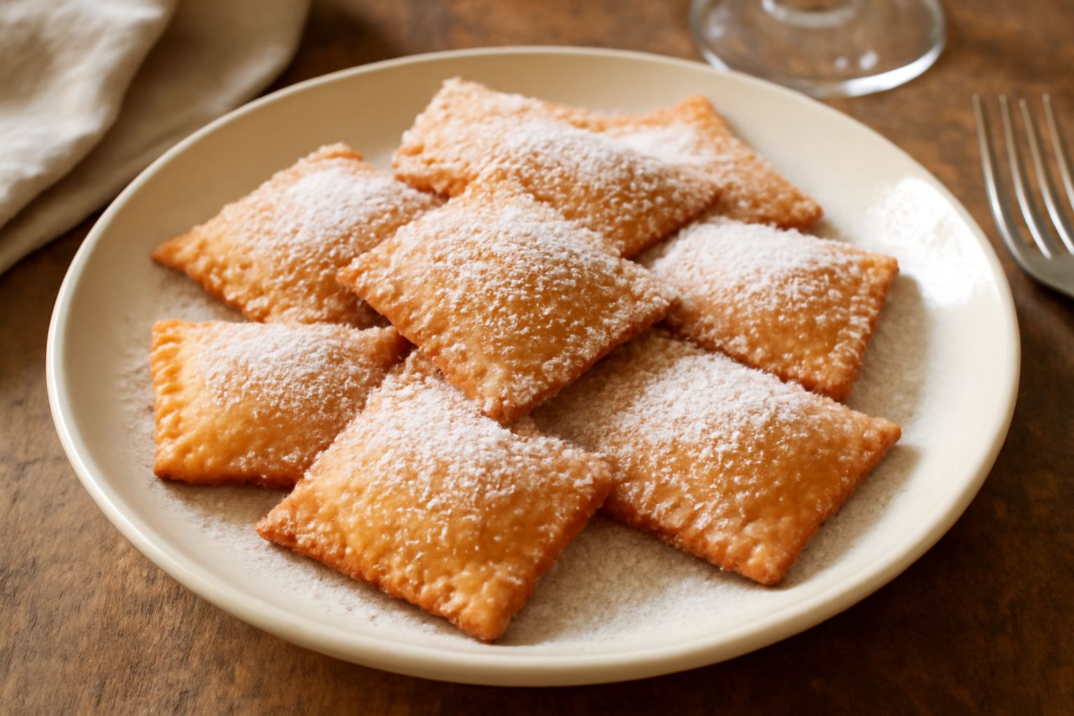 Ravioli dolci dorati e quadrati disposti su un piatto bianco, spolverati di zucchero a velo, con una tazza di caffè sullo sfondo e una mandorla intera appoggiata accanto