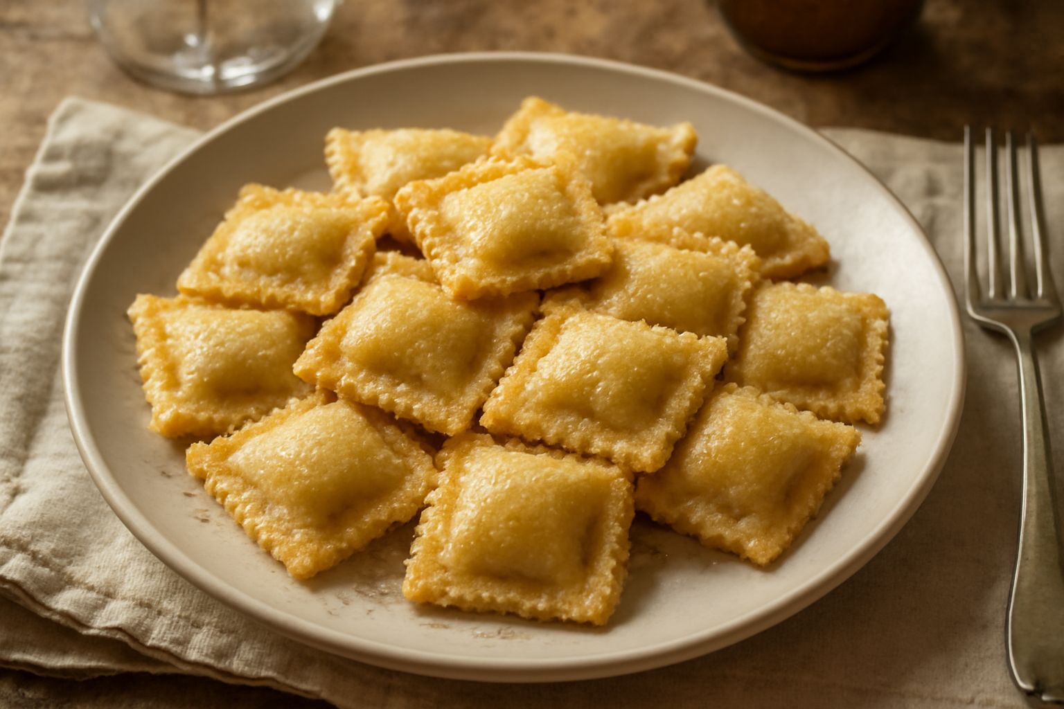 Ravioli dolci quadrati serviti su piatto bianco, ricoperti di zucchero semolato, con superficie lucida e leggermente dorata dalla cottura in acqua salata bollente