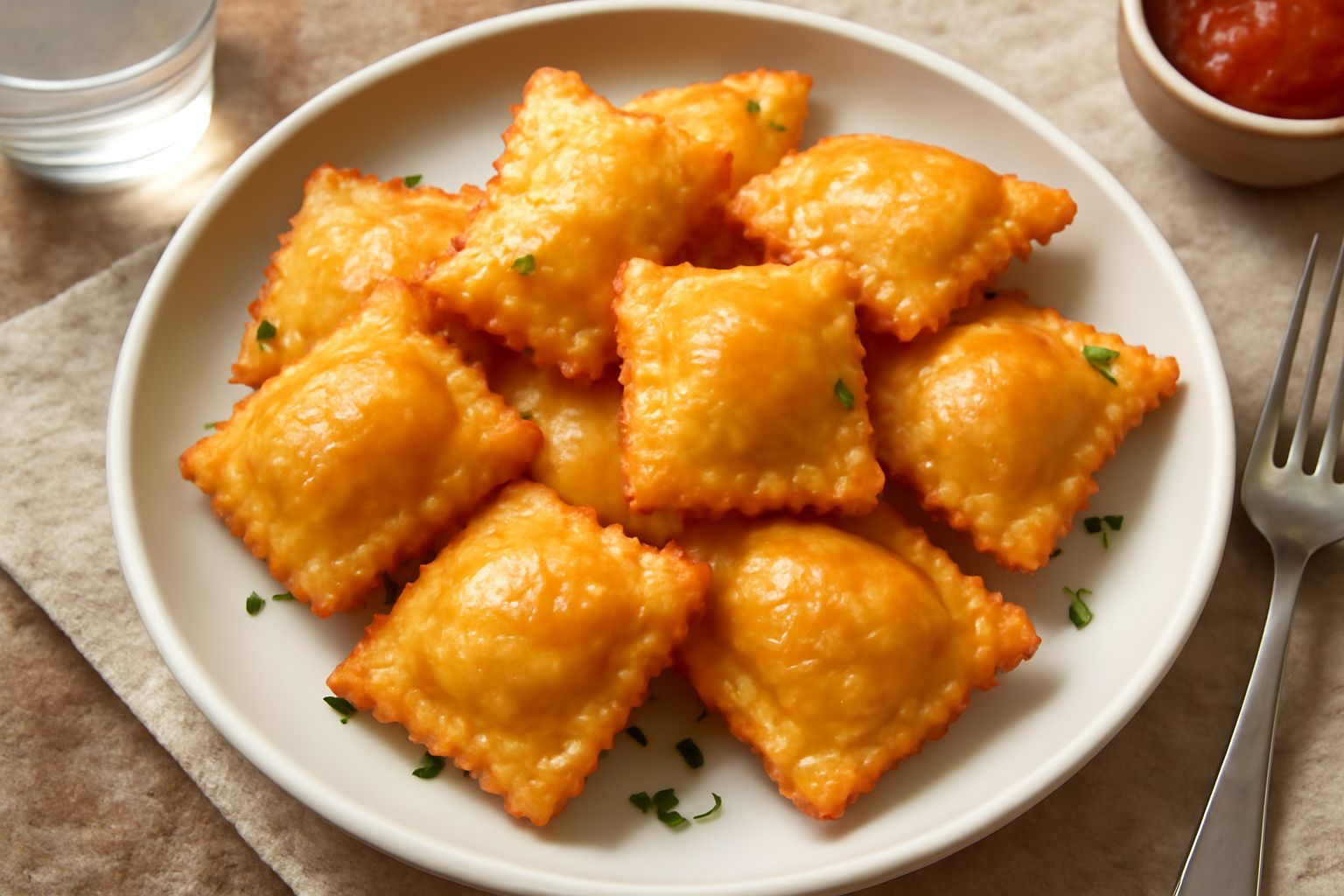 Ravioli fritti dorati e croccanti disposti su carta assorbente, con ripieno di ricotta e spinaci visibile da uno spezzato, vapore leggero ancora visibile