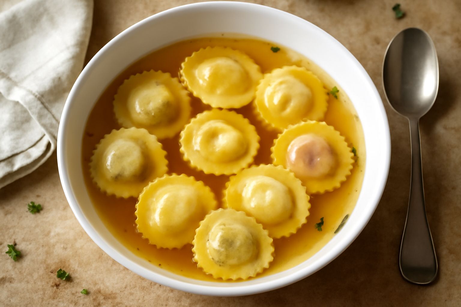 Piatto di ceramica bianca con ravioli tondi pieni di ripieno verde in brodo trasparente dorato, guarniti con parmigiano grattugiato e prezzemolo fresco, cucchiaio accanto