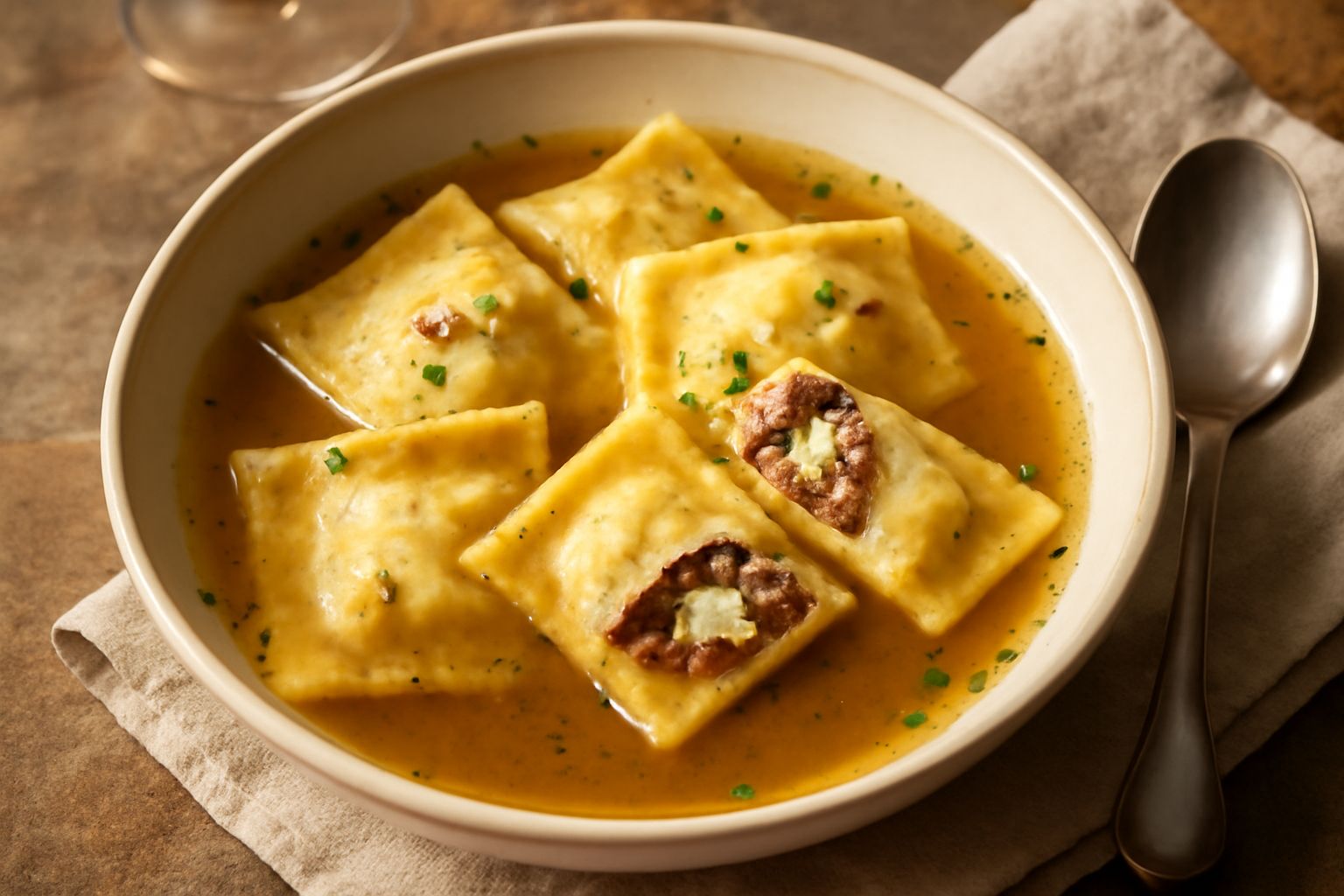 Quattro ravioli messinesi quadrati, color beige sfumato, sdraiati nel brodo di carne trasparente e caldo in una ciotola bianca, con una spruzzata di parmigiano grattugiato e pepe nero visibili in supe