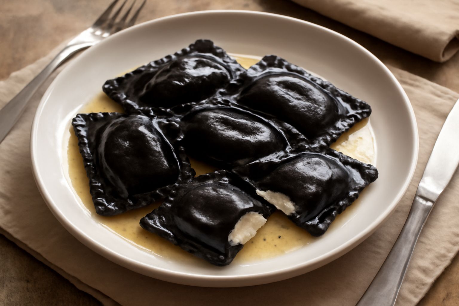 Ravioli neri al nero di seppia disposti nel piatto bianco, ricoperti di burro fuso e prezzemolo, intera sfoglia scura brillante, ricotta visibile nel ripieno laterale