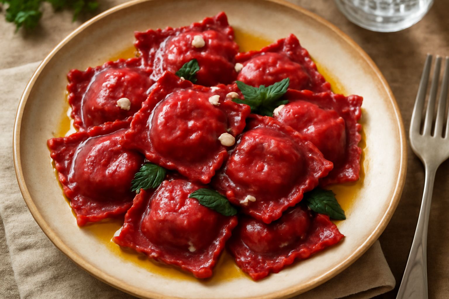 Ravioli quadrati dal colore rosso scuro, ripieni visibili dal bordo, disposti su un piatto bianco con un filo di olio d'oliva e foglie di basilico fresco