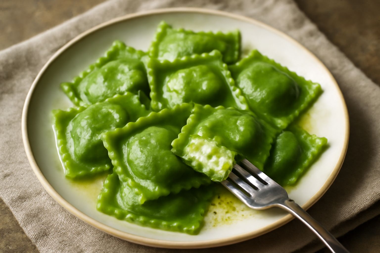 Ravioli verdi ripieni serviti in un piatto bianco, ricoperti di burro fuso e salvia fresca, con visibili le pieghe della pasta e il colore verde intenso della sfoglia, accompagnati da una grattugia di