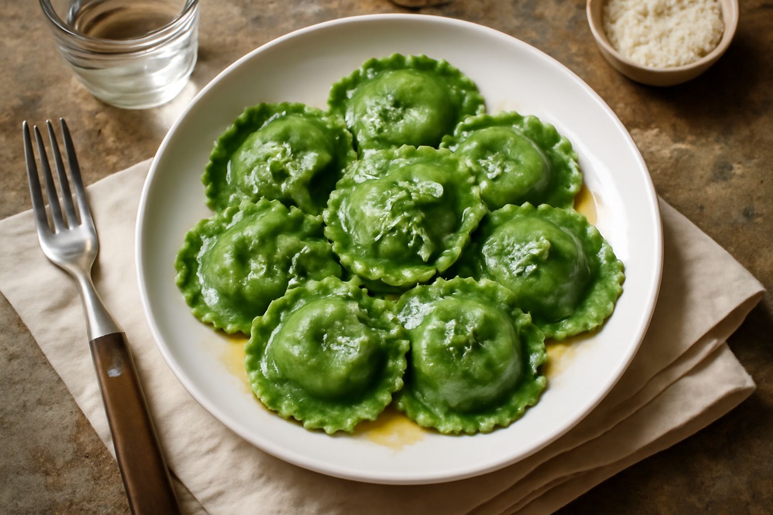 Ravioli quadrati verdi pieni appena tolti dall'acqua bollente, allineati nel piatto bianco con burro e salvia dorata, ricoperti di parmigiano grattugiato