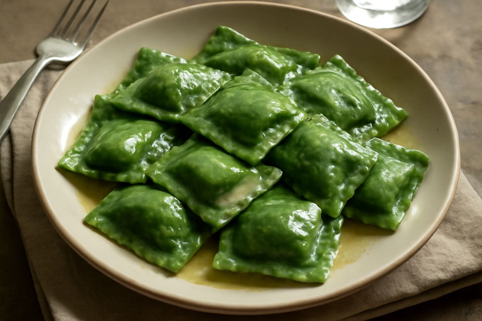 Ravioli verdi di ricotta appena cotti su un piatto bianco con burro dorato e salvia fresca, bordi scuri di verdura visibili dentro il ripieno trasparente