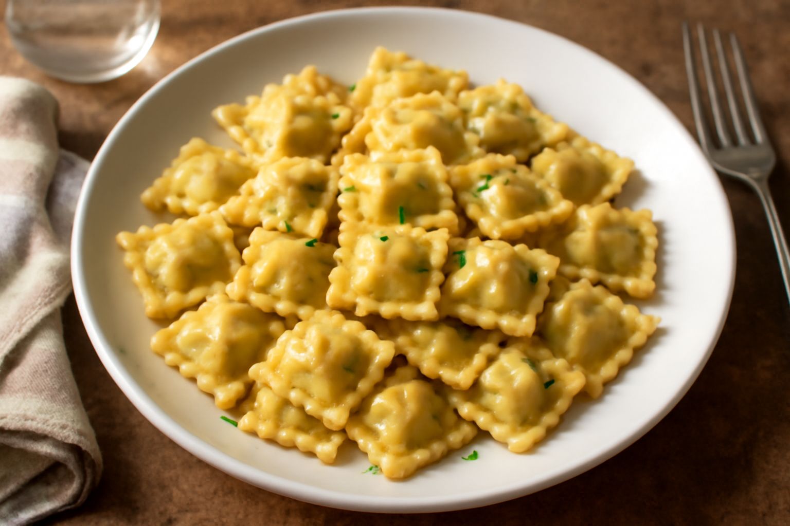 Raviolini quadrati di pasta fresca leggermente dorati, ripieni di carne, adagiati in un piatto bianco con un filo di burro fuso e salvia fresca, formaggio parmigiano grattugiato, su sfondo di tavolo i