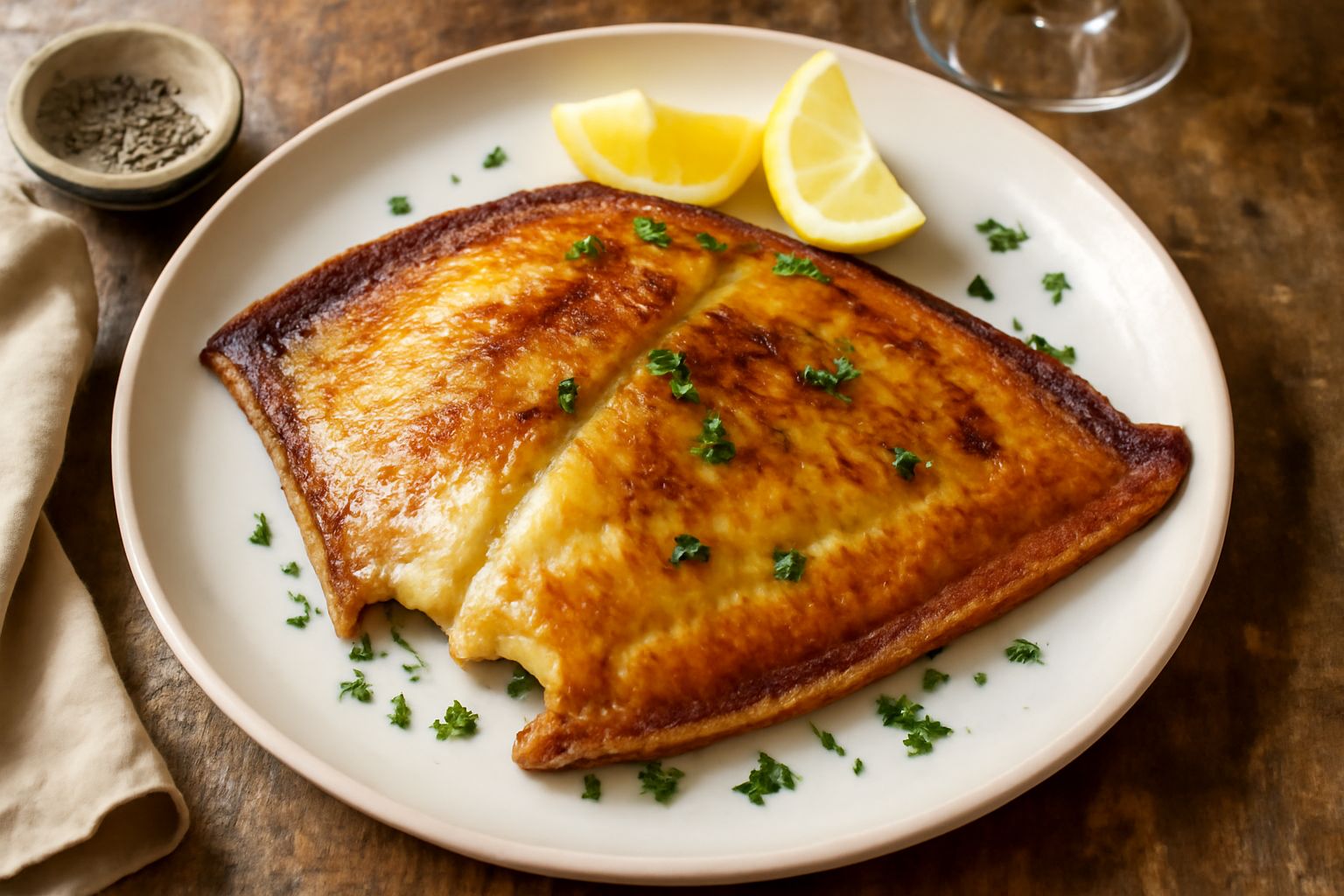 Una razza intera al forno, dorata e croccante, adagiata su un letto di limone e prezzemolo fresco, con un filo d'olio d'oliva visibile sulla buccia, in un vassoio di ceramica bianca