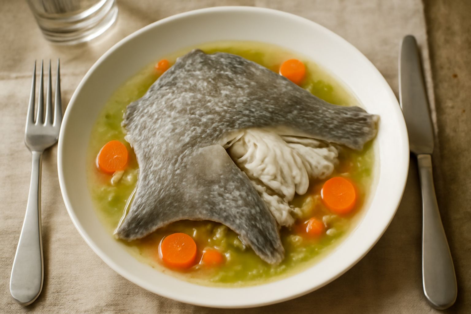 Razza cotta in umido in tegame di coccio, circondata da carote, sedano e cipolla dorati, con brodo leggero e prezzemolo fresco sulla superficie