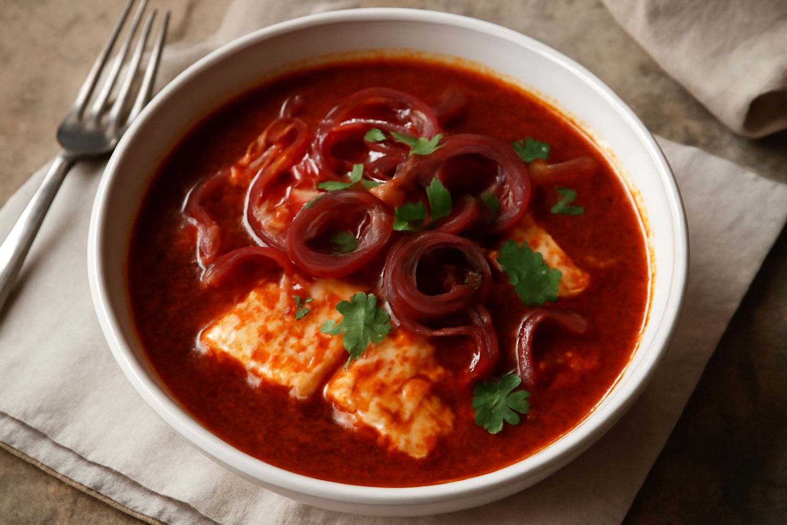 Filetti di razza cotti in umido in salsa di pomodoro con cipolla, serviti in piatto bianco con contorno di verdure verdi