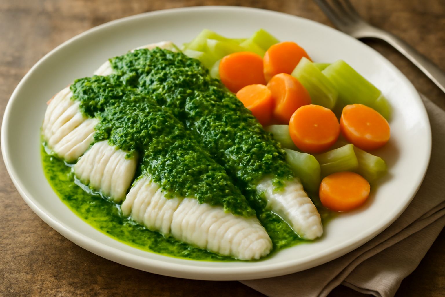 Filetti di razza bianca e morbida in piatto bianco, ricoperti in parte da salsa verde intenso, guarniti con prezzemolo fresco, contorno di verdure bollite grigie e carote arancioni, servito con limone
