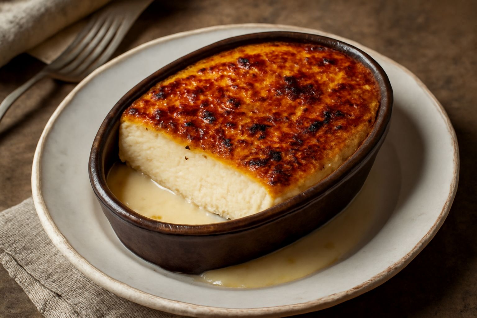 Reblec al forno in una piccola teglia bianca, dorato e croccante sulla superficie, con formaggio leggermente fuoriuscito dai bordi, accompagnato da qualche foglia di timo fresco