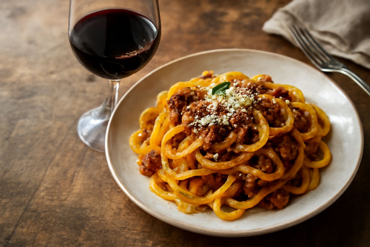 Calice di vino Refosco rosso intenso con riflessi rubino, impiattato su tavolo in legno scuro con acini d'uva viola di sottofondo e grappoli freschi