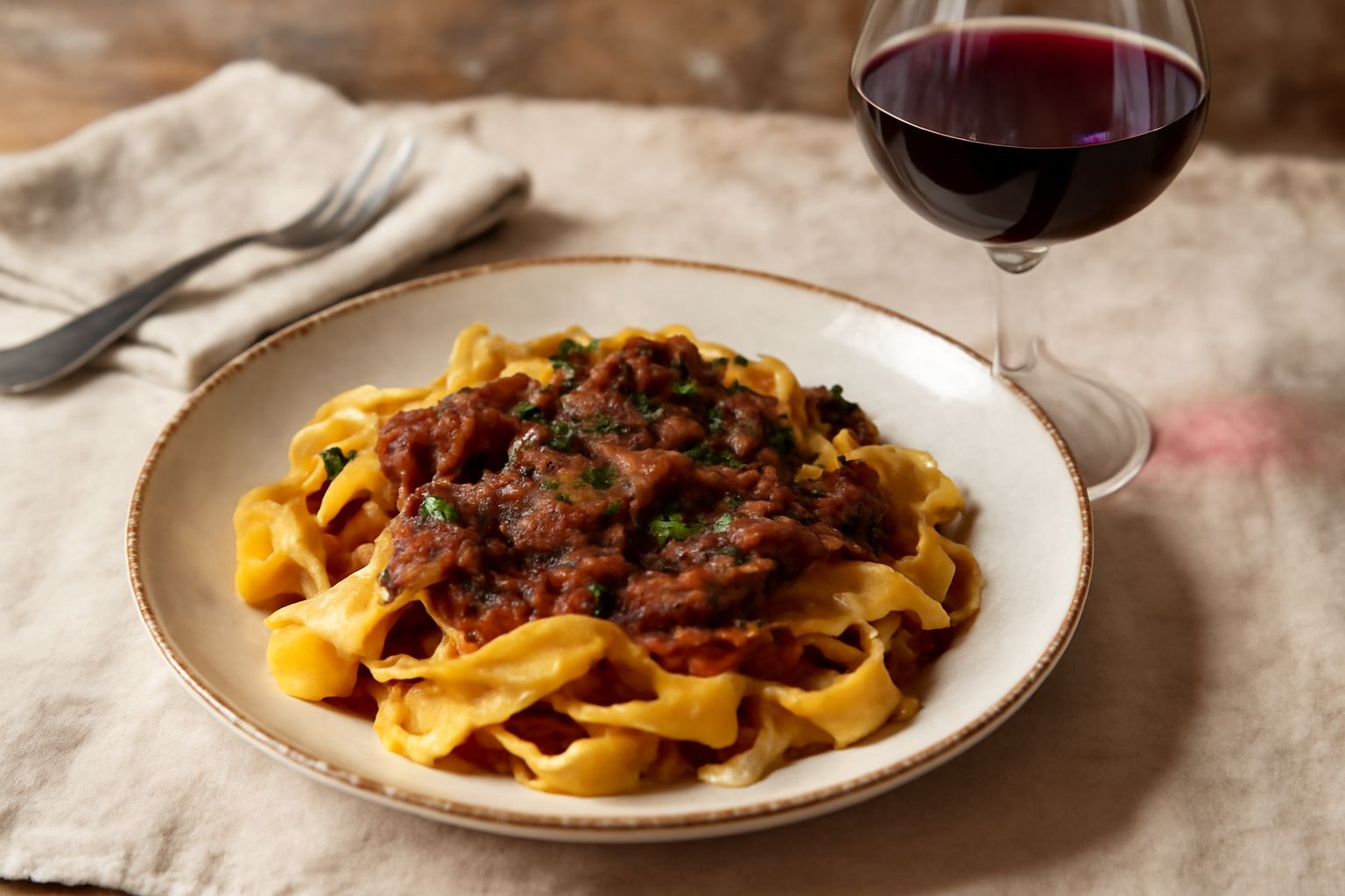 Calice di Refosco dal Peduncolo Rosso colore rosso scuro granato, vino corposo in bottiglia di vetro scuro su tavolo di legno con uva nera fresca accanto