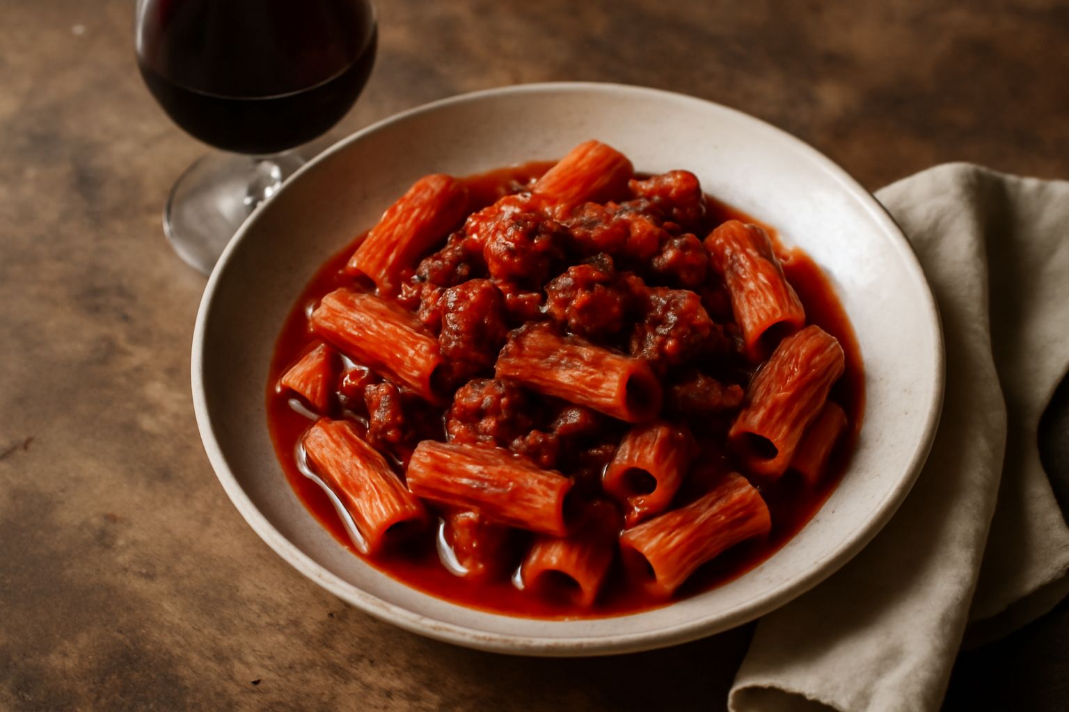 Bicchiere di vino rosso scuro Refosco dal Pendùcol su tavolo di legno scuro, con accanto piatto di brasato di manzo e erbe aromatiche fresche