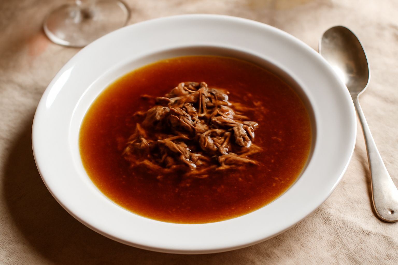 Un piatto fondo di ceramica bianca contiene brodo scuro trasparente con pezzi di carne tenera, carota tagliata e sfumature dorate in superficie, con un bicchiere di vino rosso Refosco dal Penducolo su