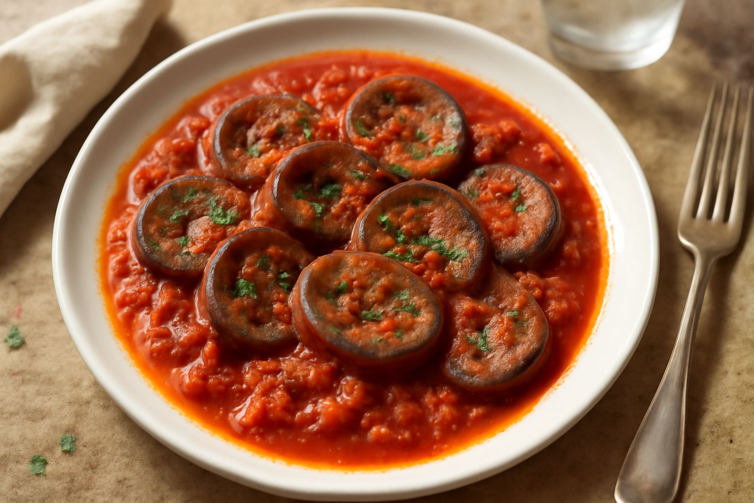 Rene alla catanese servito in piatto bianco, fette di rognone rosate e succose in salsa di pomodoro con cipolla e prezzemolo fresco, pezzi di pomodoro visibili nella salsa