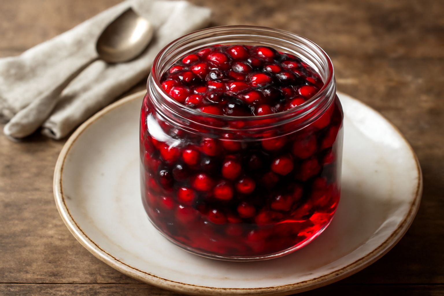 Vasetto di vetro trasparente con ribes rosso e nero in conserva, coperchio dorato, frutta lucida e siroppo trasparente, su tavolo di legno chiaro con alcuni acini sciolti intorno