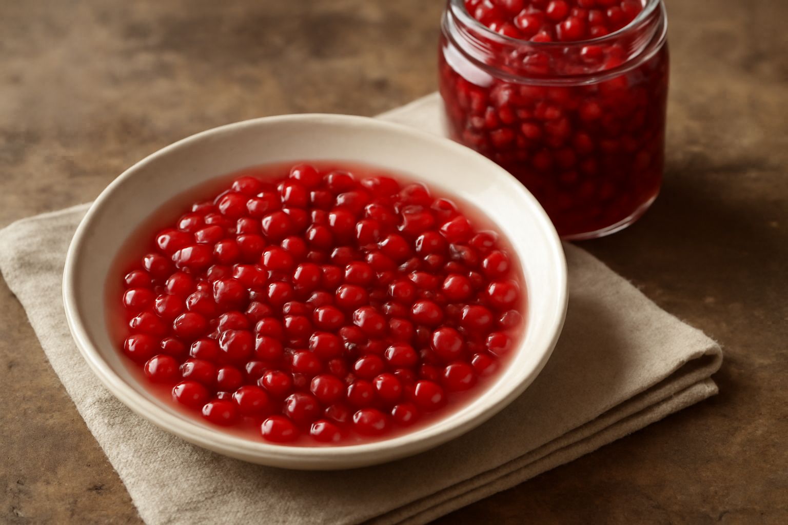 Barattoli di vetro trasparente pieni di ribes rosso brillante in sciroppo trasparente, con alcuni frutti rossi visibili sospesi nel liquido, disposti su un tavolo di legno chiaro con una mano che regg