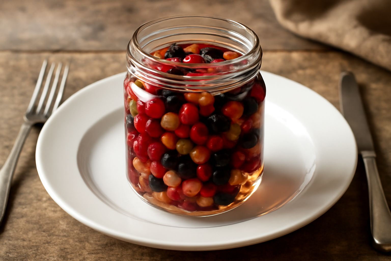 Barattolo di vetro con ribes rossi, neri e bianchi immersi in liquido trasparente leggermente dorato, chiuso con coperchio a vite, su superficie di legno naturale con qualche grappolo di ribes fresco 