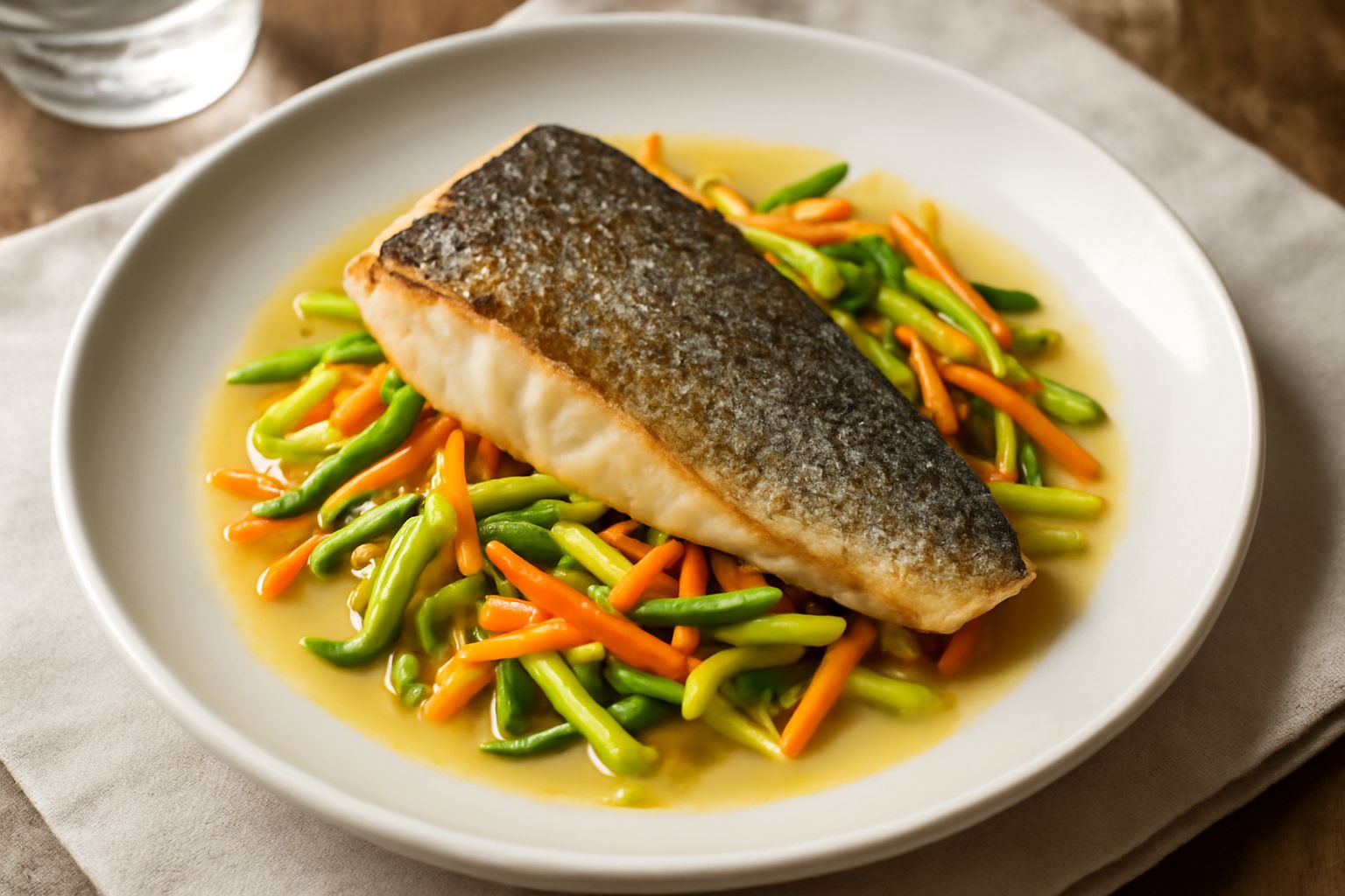Piatto di branzino sfumato in Ribolla Gialla con verdure croccanti, limone fresco e un calice di vino bianco paglierino sullo sfondo, su tavolo in legno chiaro