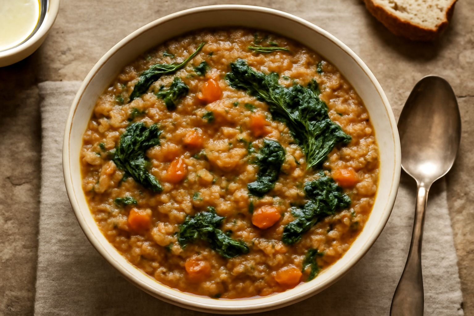 Ciotola di ceramica bianca con ribollita abruzzese: zuppa densa di pane raffermo sbriciolato, verdure verdi e arancioni, cavolo riccio e carote a pezzi, condita con olio d'oliva, vapore caldo che sale