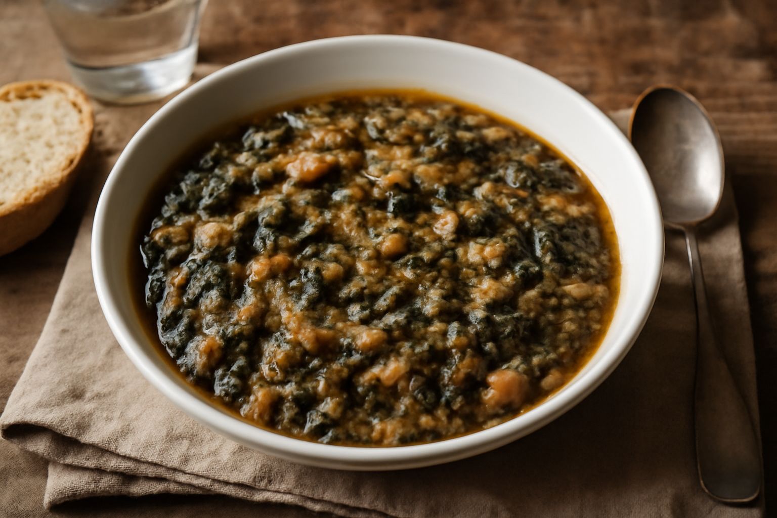 Una scodella di terracotta con ribollita calabrese: minestrone denso con verdure morbide di colore verde e arancione, fagioli visibili in superficie, pane raffermo che affonda nel brodo fumante, olio 