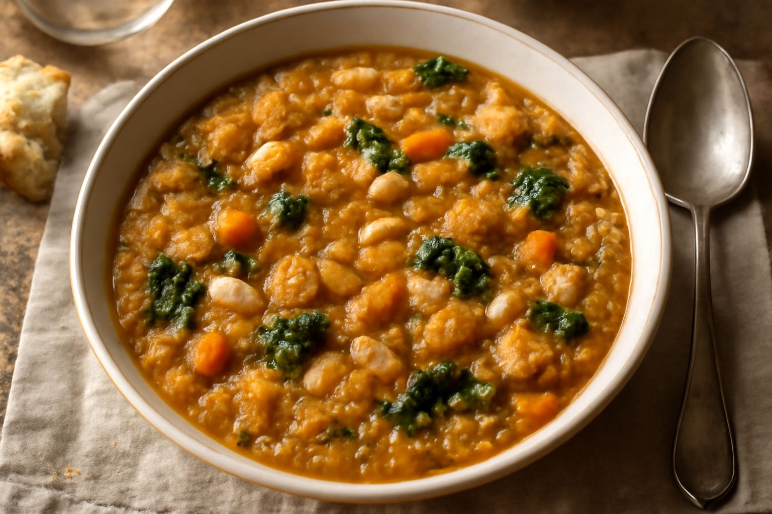 Una ciotola bianca con ribollita cremonese: zuppa densa color ocra con verdure scure, fette di pane integro in superficie, gocce di olio d'oliva verde, servita su tavolo di legno rustico