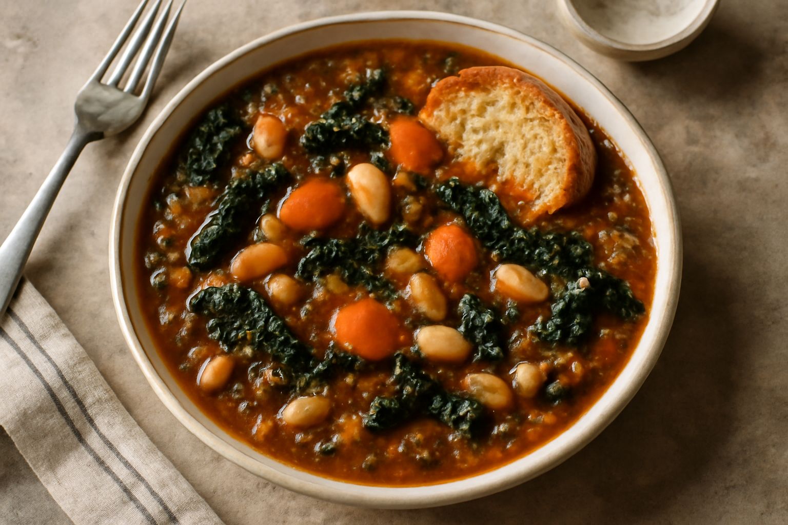 Ciotola di ribollita con cavolo nero verde scuro, fagioli bianchi e pane integrato in superficie, olio di oliva dorato e verdure miste visibili nel brodo rosso scuro