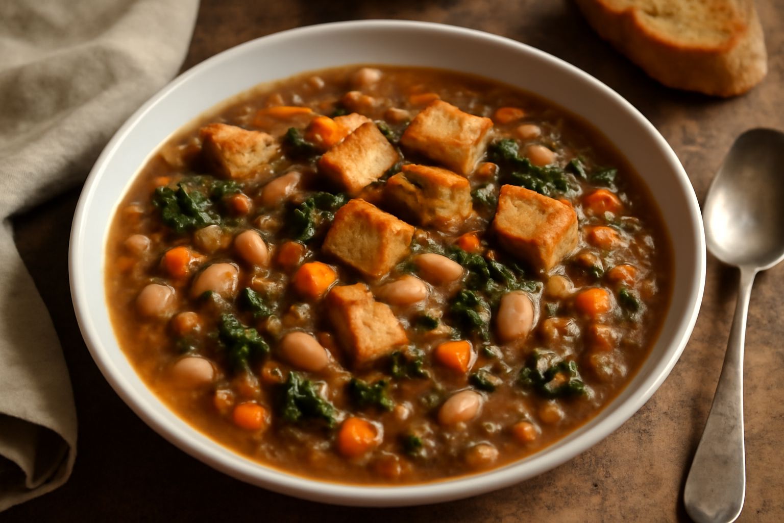 Piatto bianco colmo di ribollita emiliana densa, con visibili pezzi di pane tostato giallognolo, fagioli bianchi e brunastri, zucchina verde, pomodoro rosso, carota arancione e brodo scuro che lega il