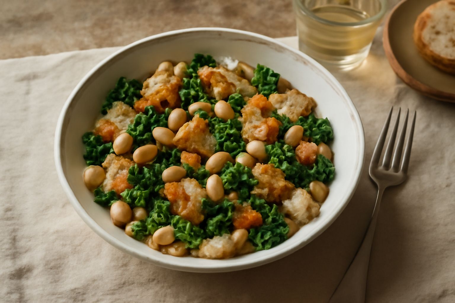Ciotola di ribollita fredda con cubetti di pane raffermo, fagioli bianchi, cavolo nero e pomodori, condita con filo d'olio verde su tavolo rustico