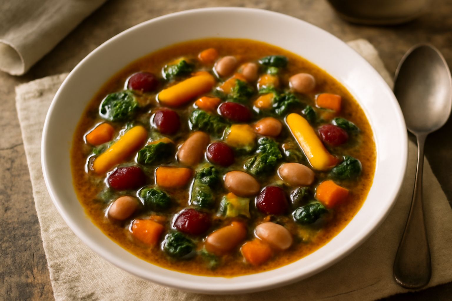 Ciotola di ribollita friulana con verdure rosse, gialle e verdi, brodo denso, fagioli visibili, caldo, fumante, servita in piatto fondo bianco con fette di pane abbrustolito di lato