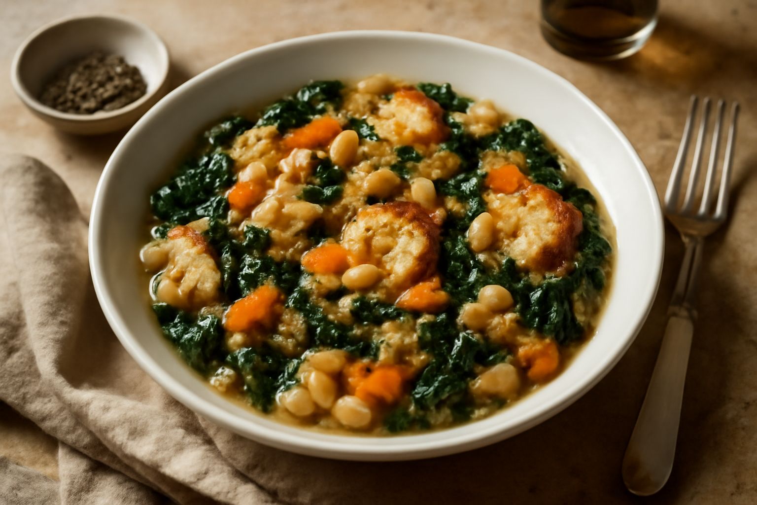 Ciotola di ribollita fumante con cavolo nero, fagioli bianchi e fette di pane tostato, condita con olio di oliva a crudo