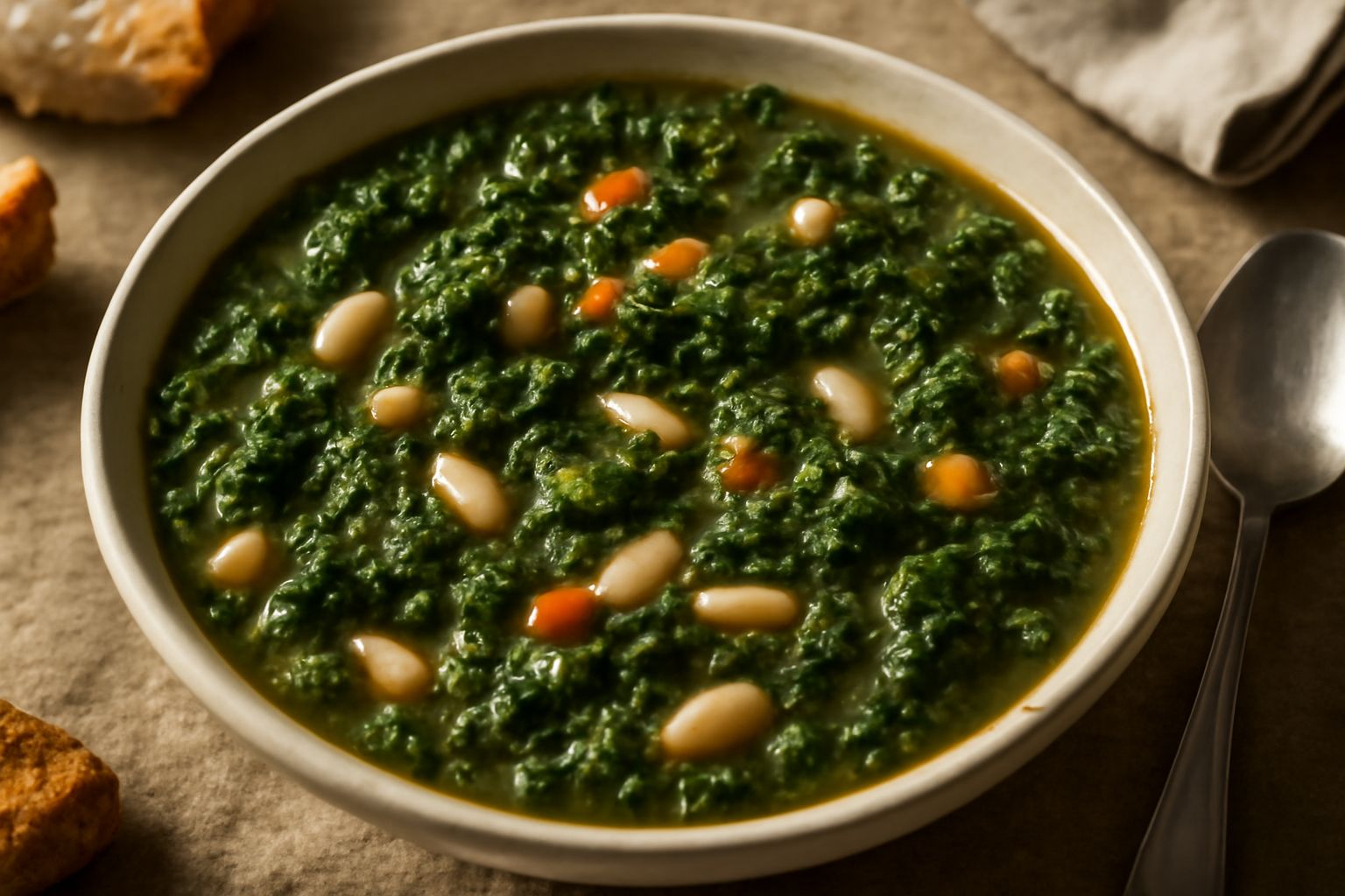 Ciotola bianca di ribollita laziale con pezzi di cavolo riccio verde scuro, fagioli bianchi, carote tagliate, pane tostato a fette sopra, filo d'olio verde a crudo, vapore caldo che sale dal piatto su