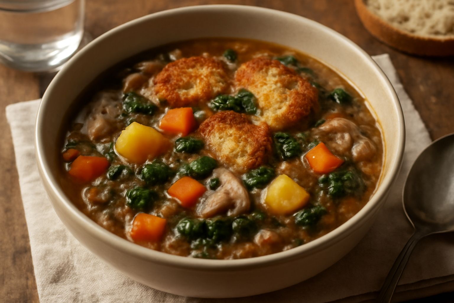 Ciotola di ribollita ligure con verdure miste, cubetti di pane tostato dorato in superficie, colore marrone dorato scuro, guarnizione di basilico fresco verde, servita in piatto bianco con cucchiaio