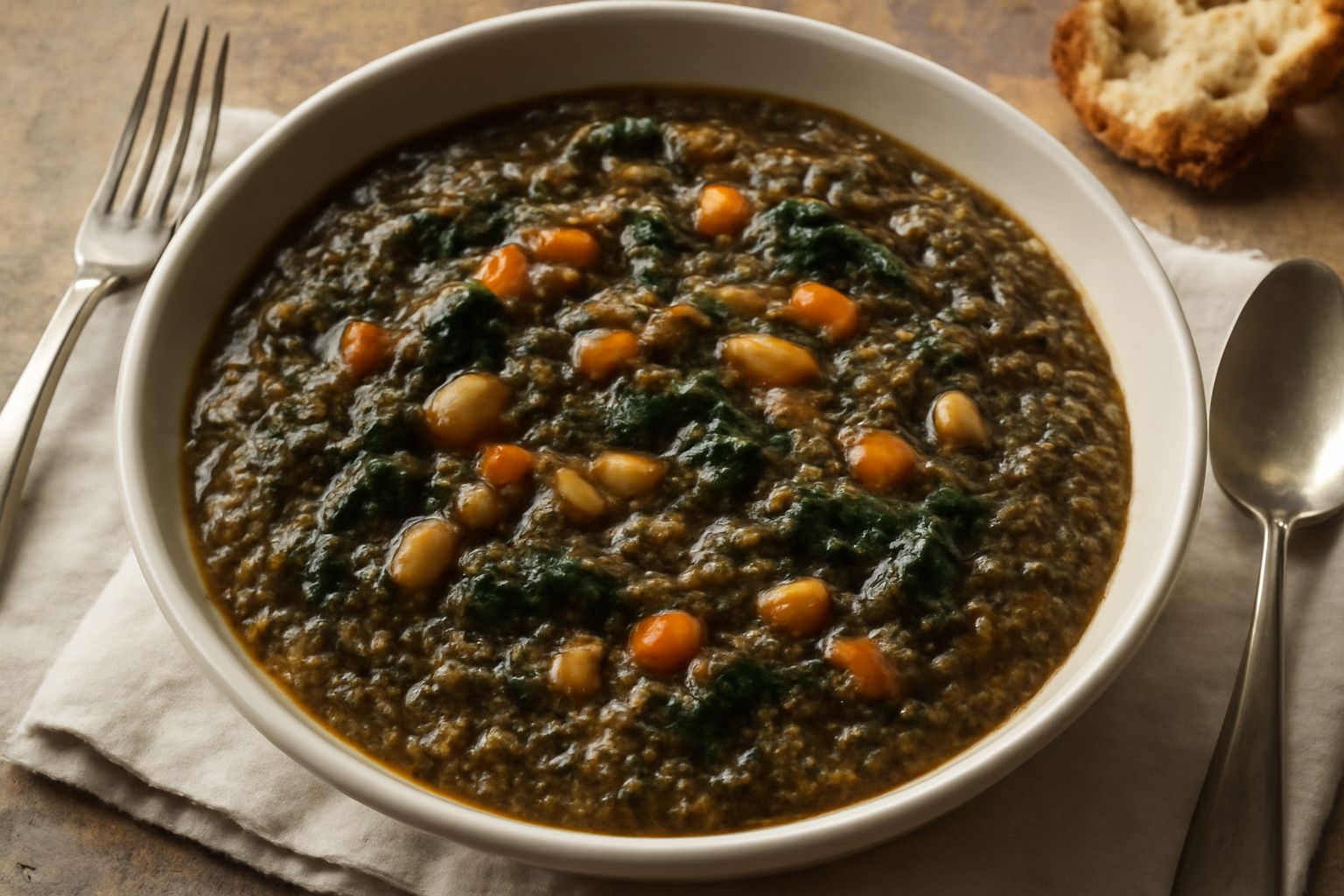 Una ciotola di ribollita lombarda con verdure scure e pane tostato, olio d'oliva in superficie, su un tavolo di legno rustico con cucchiaio di metallo