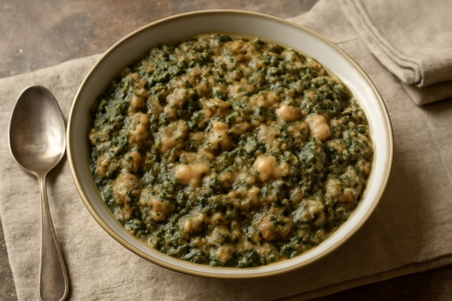 Ciotola bianca con ribollita mantovana fumante: miscela fitta di verza verde, fagioli bianchi e pezzi di pane in brodo scuro, con cucchiaio di legno e fette di pane tostato accanto