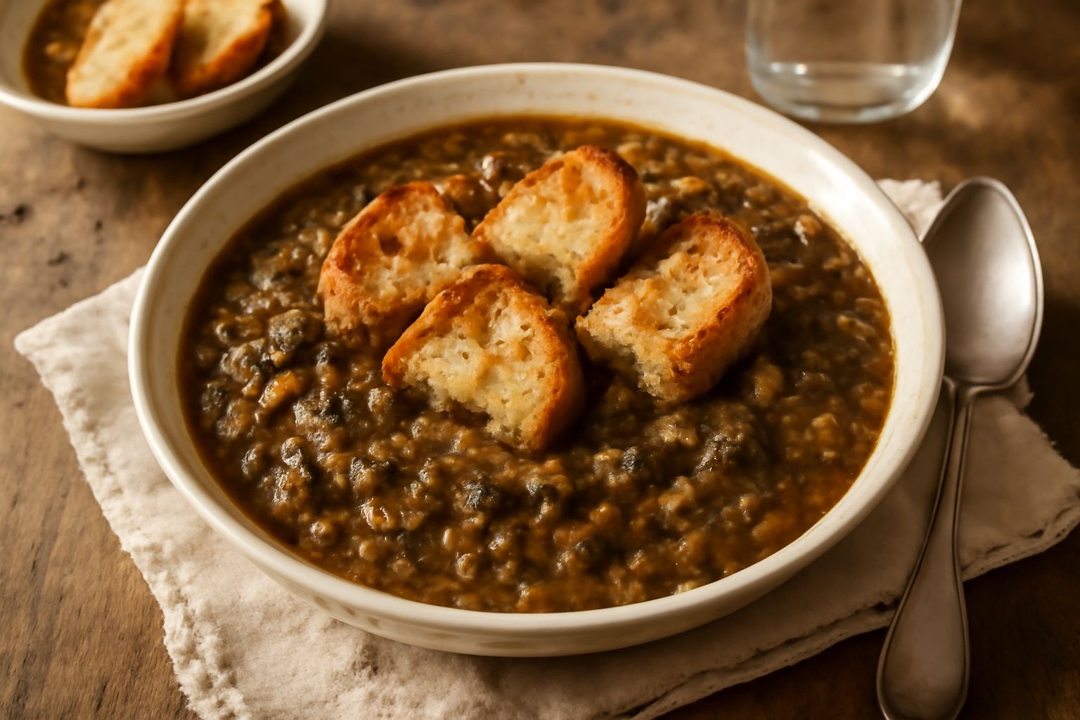 Ciotola di terracotta con ribollita marchigiana: minestrone denso color marrone e verde con verdure visibili, pane tostato affondato nel brodo, cucchiaio di legno, superficie di pietra rustica