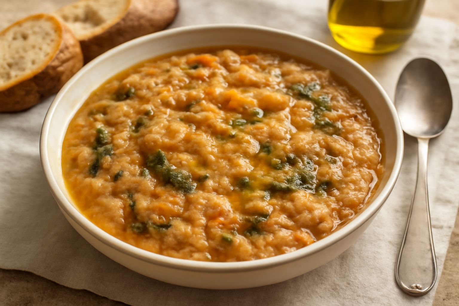 Ciotola di ceramica bianca con ribollita modenese: zuppa densa color marrone dorato con pezzi di verdure e pane raffermo visibili, filo di olio d'oliva in superficie, pane tostato a lato